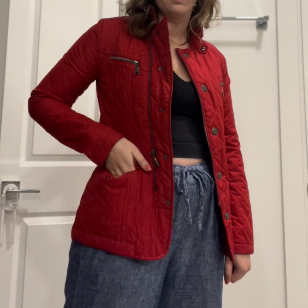 Kristen Blake Studio Collection; red quilted bomber jacket; cropped shell jacket